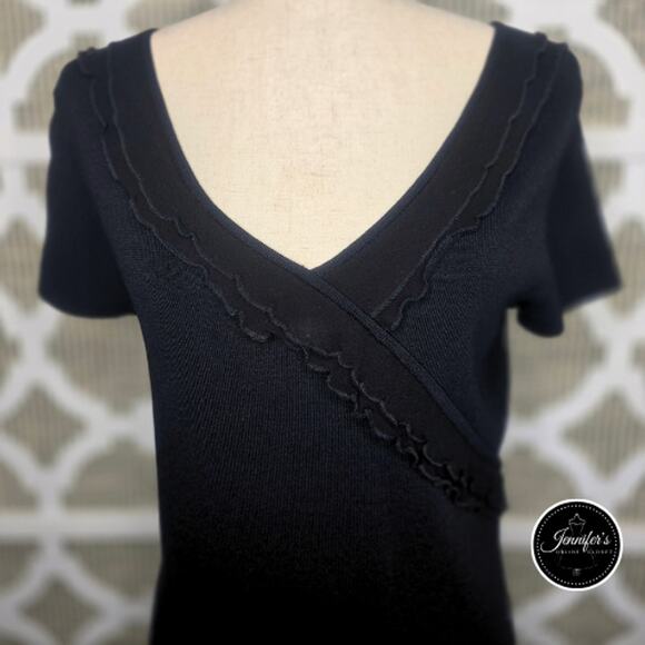 Cable and Gauge Black Double Silk Chiffon Ruffle Short Sleeve Sweater Top Medium - Picture 5 of 10